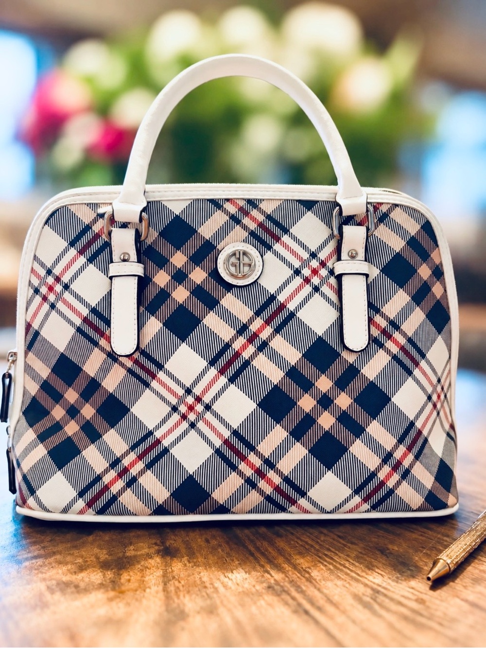 Giani Bernini Plaid Satchel Handbag NWOT Navy Tan Red White